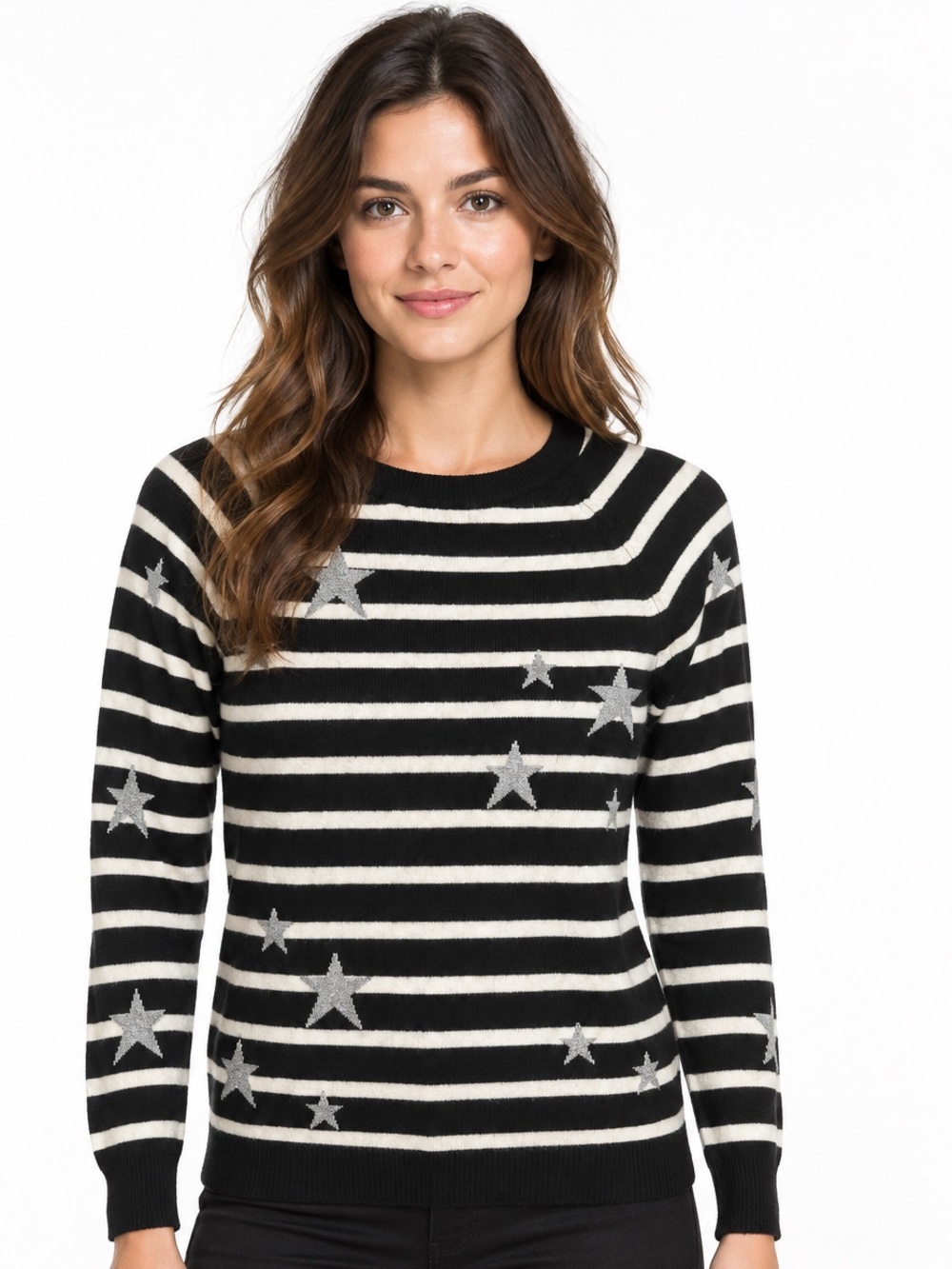 Ply Cashmere Black White Star Striped Cashmere Sweater Fall Cozy Sz XS